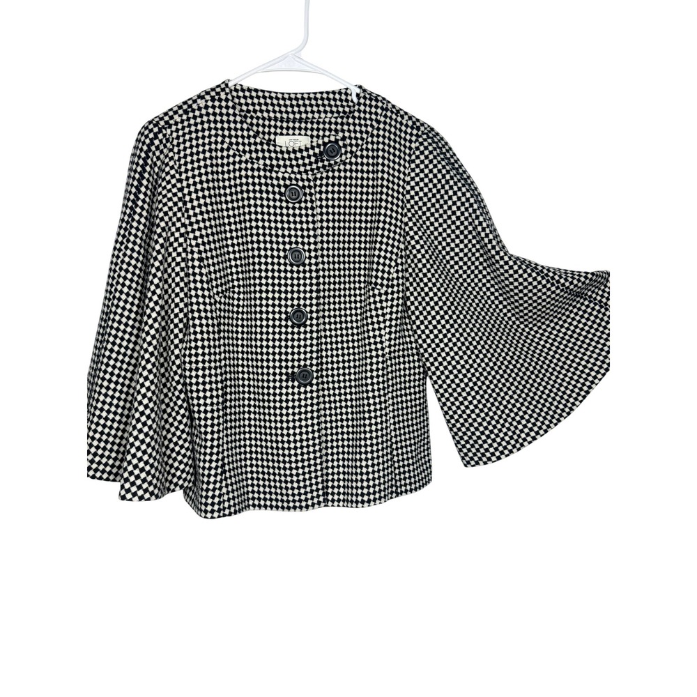 Ann Taylor Loft Women Wool Blend Bell Sleeve Jacket 8 Black White Checkered Crop